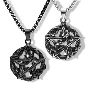 May include: Two metal pendant necklaces. Each pendant features a pentagram design intertwined with snakes. One necklace has a black chain and pendant, the other has a silver chain and pendant. The pendants are detailed and have a gothic aesthetic.