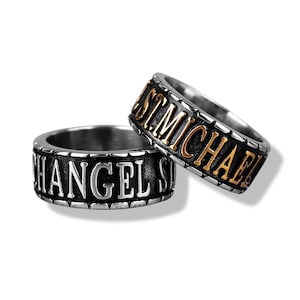 Anel com a letra de São Miguel | Anéis masculinos de São Miguel em aço inoxidável 316L | Anel da sorte com talismã da sorte para motociclistas com caráter religioso