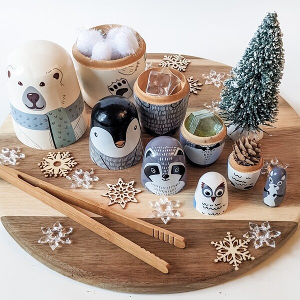 Polar Animal Nesting Doll Sensory Bin | Open Ended Toy | Busy Bin | Early Learning | Sensory Toy | Gift for Kids | Christmas | Educational