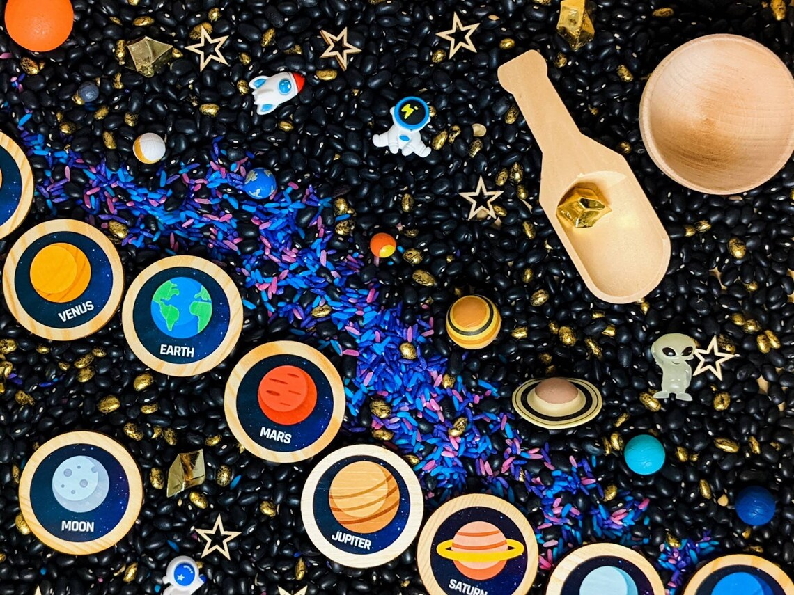 Outer Space Sensory Bin Pour and Play: Planets, Astronauts, Galaxy Rice ...