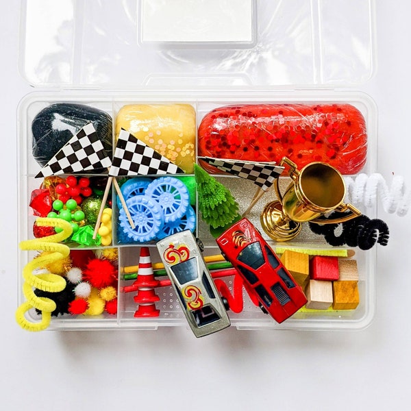 Race Car Playdough Kit | Sensory Bin | Busy Bin | Pretend Play | Educational Toys | Open Ended Play | Race Track |  Toy Cars