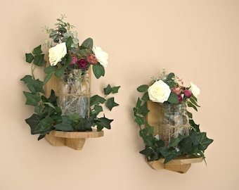 Wood Wall Sconce Handmade Wood Wall Shelf Floral Arrangement With Fairy Lights Hanging Wall Decor White And Red Roses Ivy Set of 2 Sconces