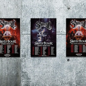 May include: Three concert posters for the band Ghost, featuring the "Skelletour World Tour 2029" and "2020 North American Tour." The posters have a dark color scheme with imagery of a skeletal figure and a band member.