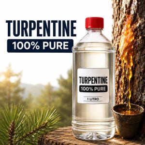 May include: A clear plastic bottle of turpentine with a red cap and a white label that reads TURPENTINE 100% PURE 1 LITRO. The bottle is positioned next to a tree trunk with amber resin dripping into a small container, with pine needles visible.