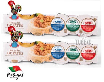 May include: A package of three different flavored pate spreads. The package is labeled "Seleção de Patés" and features a rooster illustration. The flavors are Mackerel Pate, Tuna Fish Pate, and Sardine Pate.
