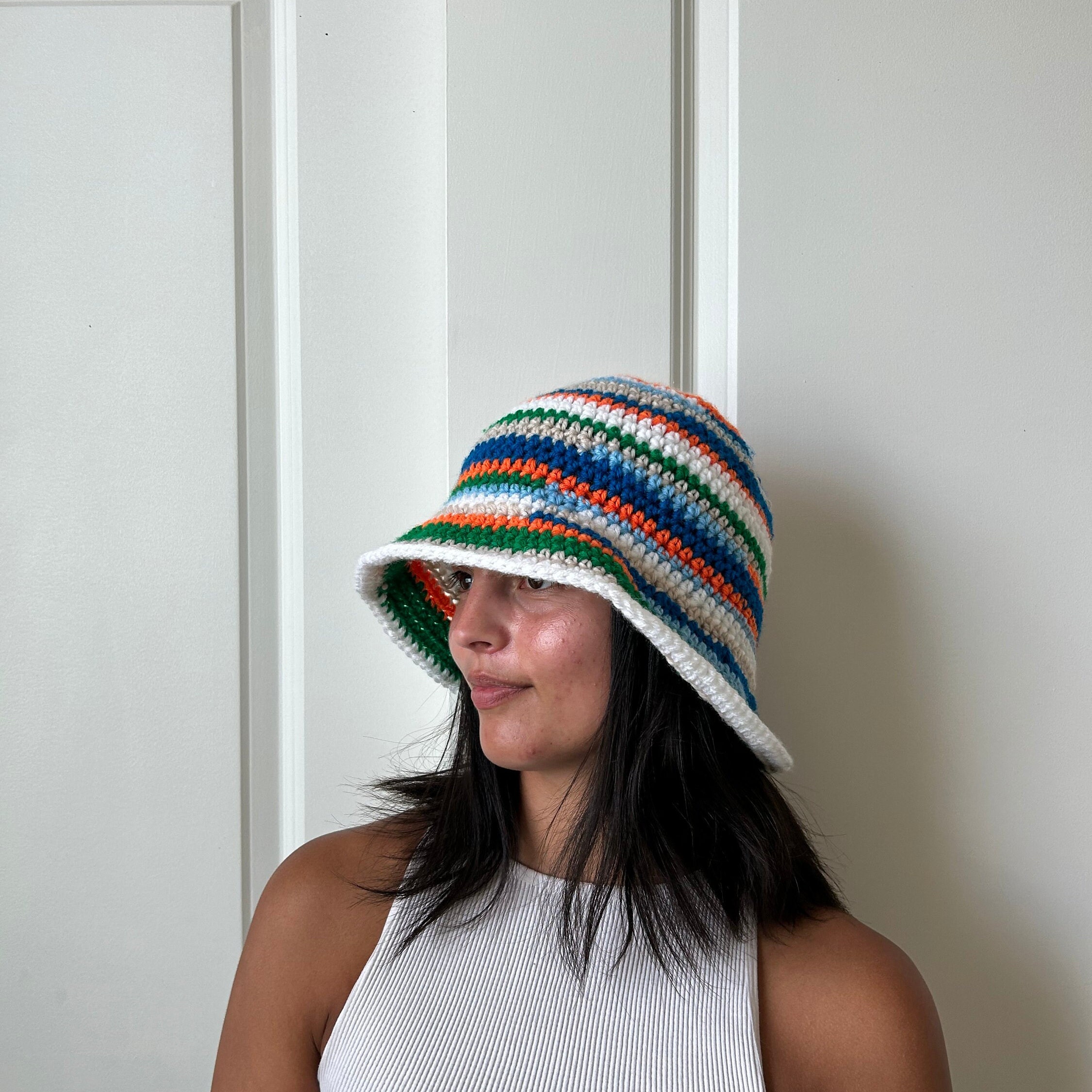 Hand crochet bucket hat with color stitch detail main image 0