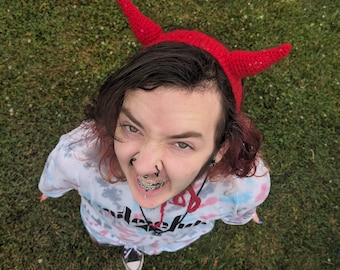 Crochet Devil Horns Headband, handmade, adjustable, red, cosplay, everyday wear, cute n creepy, Sparkly yarn