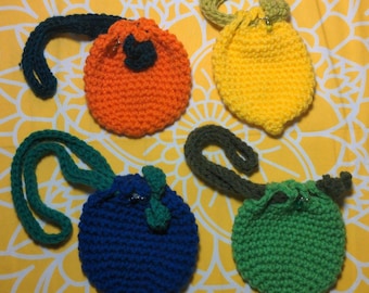 Crochet Fruit Pouches with Mini Glass Charm, Lemon, Orange, Lime, Blueberry, Dice Bag, Handmade, Trinket, Coin Purse,