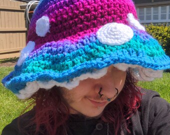 Crochet Red Mushroom Bucket Hat, Fly Agaric, Amanita Muscaria inspired hats, Cottage Core, Handmade