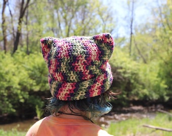 Crochet Cat Beanie, cat hat, handmade, customizable, solid, stripes, acrylic yarn, cat ears,*READ DESCRIPTION*