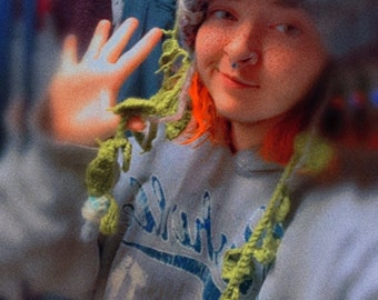 Crochet Cat beanie with Vines, mushrooms, warm for winter, any size, any colour, customizable