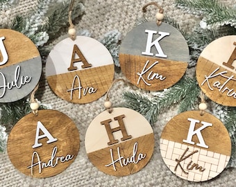 Personalized Christmas Ornament | Wooden Initial Name Ornament | Custom Monogram Tree Decor | 3D Initial and Name Circular Ornament