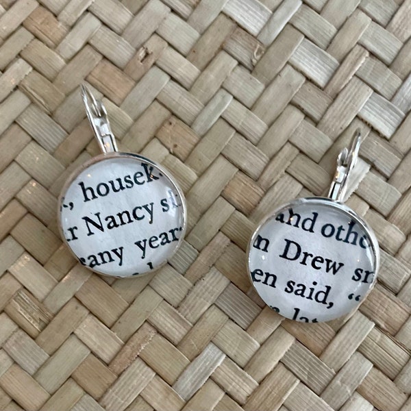 Nancy Drew pendant earrings with French Hook cabochon settings from upcycled Nancy Drew book pages