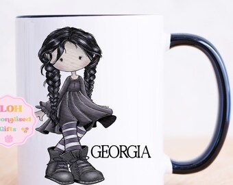 Personalised Doll Mug, Teen Girls Doll Mug, Girls Gothic Cup, Hot Chocolate Mug, Birthday Mug, Christmas Stocking Filler