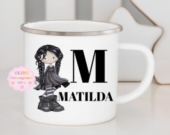 Personalised Kids Enamel Mug, Gothic Girl Doll Mug, Camp Mug, Tin Metal Mug, Children's Cup, Hot Chocolate Mug, Unbreakable Mug