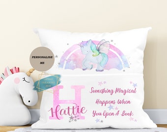 Personalized Kids Unicorn Book Cushion, Reading Pocket