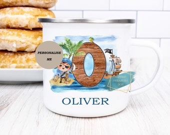 Personalized Pirate Enamel Mug, Boys Initial Camp Cup