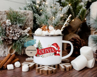 Personalized Kids Christmas Enamel Mug, Believe Hot Chocolate Mug