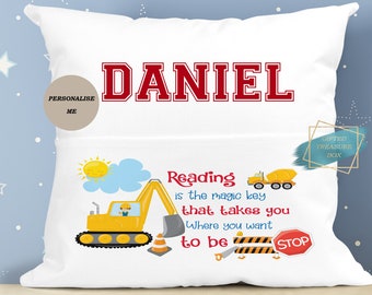 Personalized Kids Construction Book Pillow, Storytime Cushion