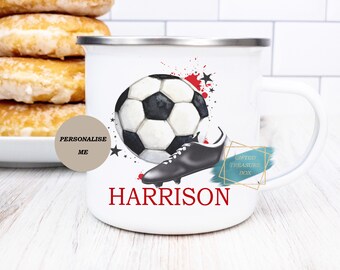 Personalised Football Enamel Mug, Kids Camp Mug