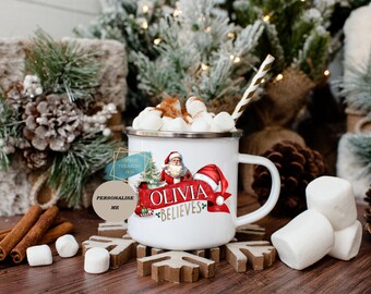 Personalised Christmas Enamel Mug, Believe Hot Chocolate Mug, Stocking Filler Gift