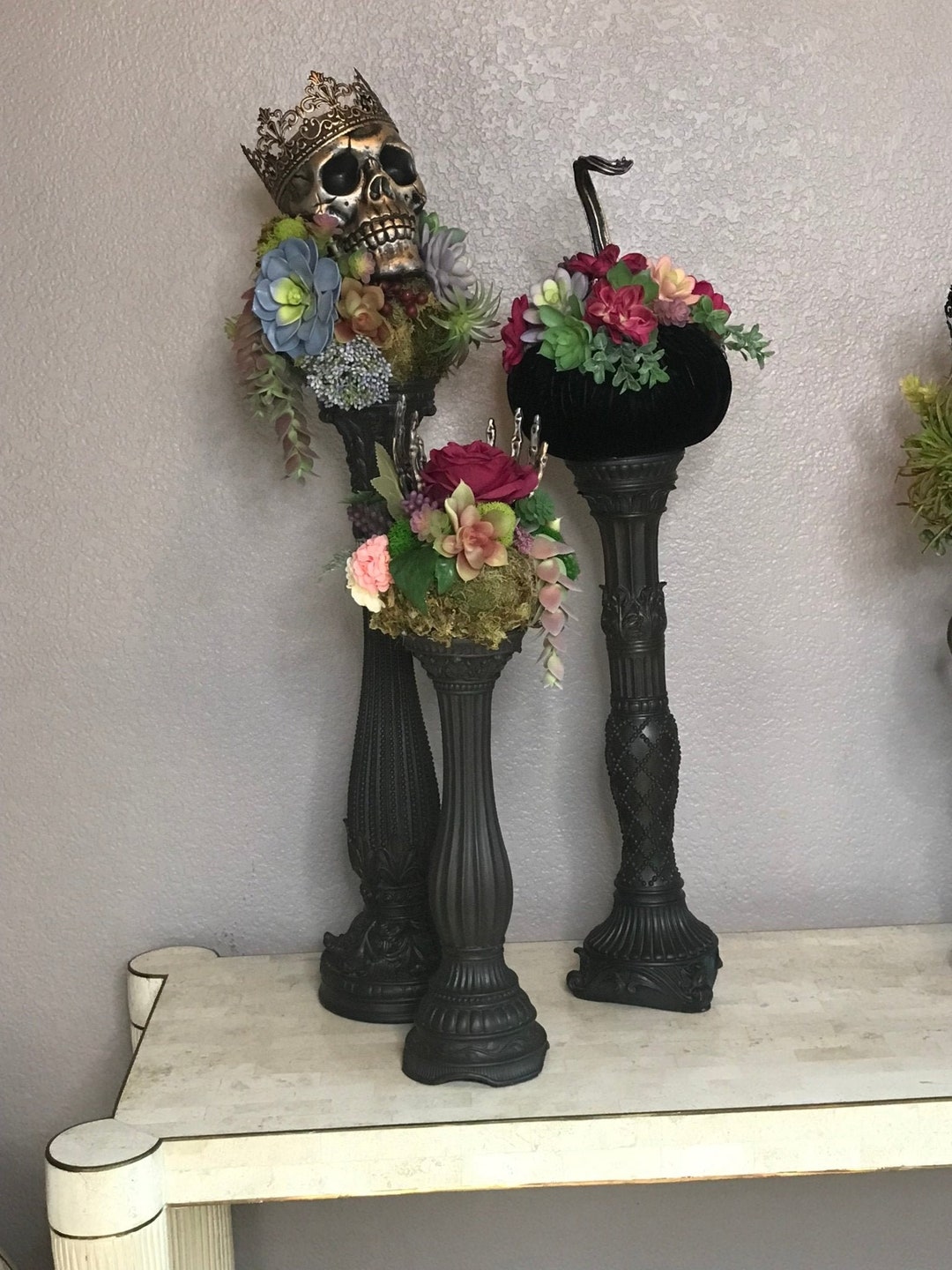 Fitz and Floyd Up-cycled Goth Halloween Candlesticks Skull Hand Rose ...