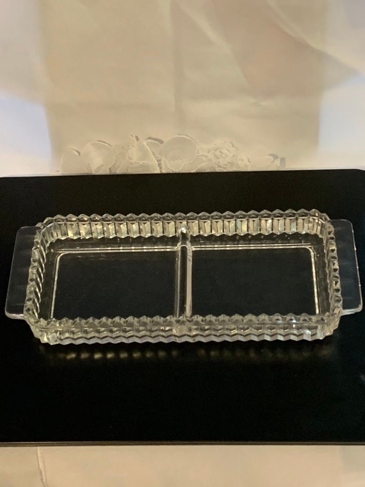 Vintage Clear Glass Divided Relish Tray Trinket Dish Sawtooth Handles