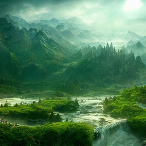 Paysages fantastiques - Ville elfique - Impression numérique - Économiseur d’écran - Art fantastique - Rivière - Forêt fantastique - rivière