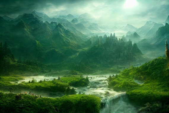 Fantasy Landscapes Elven City Digital Print Screen Saver Fantasy Art River  Fantasy Forest River 