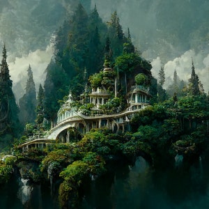 Fantasy Landscapes Elven home in the mountains- Digital print- Screen saver - Fantasy art