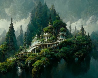 Fantasy Landscapes Elven home in the mountains- Digital print- Screen saver - Fantasy art