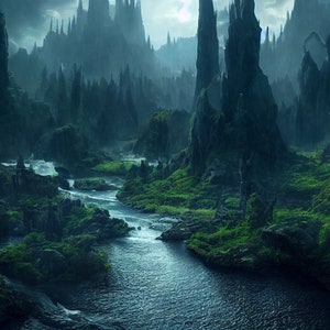 Op de afbeelding: Een donker, fantastisch landschap met hoge, grillige rotsformaties en een kronkelende rivier die door het midden stroomt. De scène is gehuld in mist en schaduwen, wat een griezelige en mysterieuze sfeer creëert.