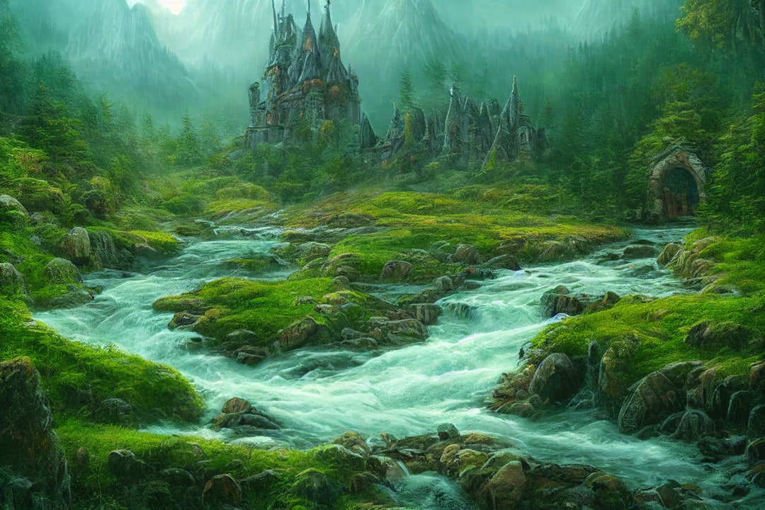 Fantasy Landscapes Elven City Digital Print Screen Saver Fantasy Art Trail  Fantasy Forest River 