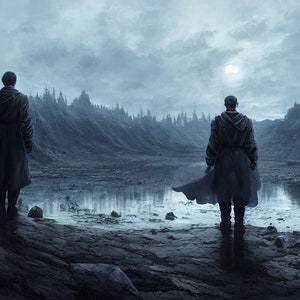 Puede incluir: Una pintura digital muestra dos figuras con capas oscuras en un paisaje montañoso desolado. La escena está dominada por tonos grises y azules, con una masa de agua reflectante y una ciudad distante.