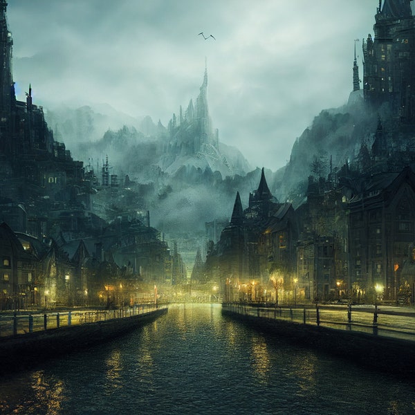 Fantasy Landscapes - Elven city - Digital print- Screen saver - Fantasy art - Trail - Fantasy city - river