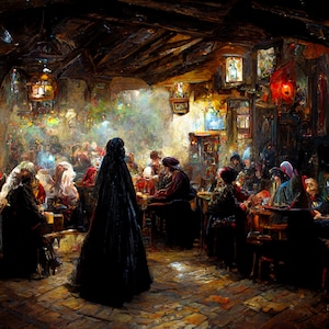 Fantasy Tavern with stranger- Digital print- Screen saver - Fantasy art