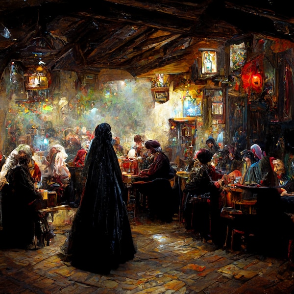 Fantasy Tavern with stranger- Impression numérique- Économiseur d’écran - Art fantastique