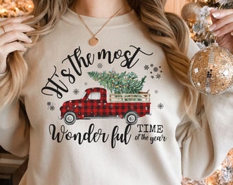 It's The Most Wonderful Time of the Year Sweatshirt, Unisex Crewneck Xmas Shirt, Cute Xmas Shirt, Retro Xmas, Vintage Red Plaid Xmas Truck