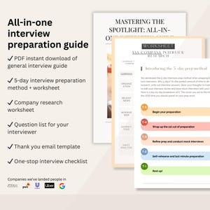 Ultimate interview guide | 5 day interview prep plan, interview checklist, company research worksheet, job search principles and secrets