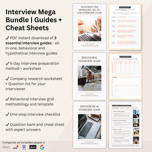 Könnte beinhalten: Ein digitales Download-Paket mit Interviewleitfäden und Spickzetteln. Das Paket enthält Leitfäden für All-in-One-, Verhaltens- und hypothetische Interviews, eine 5-Tage-Interviewvorbereitung, ein Unternehmensforschungsblatt, ein Verhaltensinterviewraster, eine Interview-Checkliste und eine Fragenbank mit Expertenantworten. Das Paket soll Arbeitssuchenden helfen, sich auf Interviews vorzubereiten und ihren Traumjob zu finden. Das Bild enthält auch Logos von Unternehmen wie JPMorgan Chase, PwC, Uber und Google.