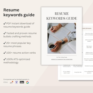 May include: A guide to resume keywords with a checklist of features including a PDF download, tested and proven resume bullet crafting methods, 20+ most popular key resume phrases, 100+ resume action verbs, and a 100% ATS-optimized methodology. The guide also lists companies where the creator has helped people land jobs.
