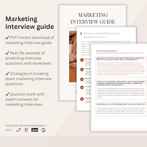 Puede incluir: Una guía de entrevista de marketing con consejos y estrategias para predecir preguntas de entrevista, desglosar preguntas de entrevista de marketing y un banco de preguntas con respuestas de expertos. La guía incluye una lista de empresas donde el autor ha ayudado a las personas a conseguir trabajo, incluidas Facebook, PwC, Uber y Google.