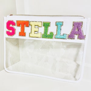 Custom Name Clear Pouch Makeup Bag Snacks Cosmetic Personalize Nylon New Glitter Letters Word varsity patch patches Stoney clover chenille