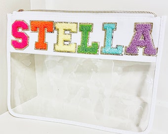 Custom Name Clear Pouch Makeup Bag Snacks Cosmetic Personalize Nylon New Glitter Letters Word varsity patch patches Stoney clover chenille