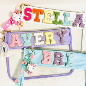 Custom Name Clear Pouch Makeup Bag Snacks Cosmetic Personalize Nylon New Glitter Letters Word varsity patch pencil Stoney clover chenille
