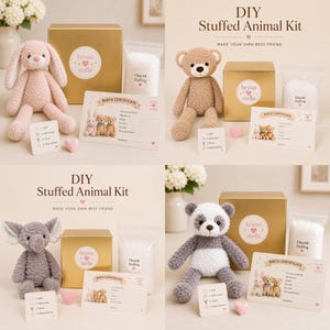 May include: A DIY stuffed animal kit featuring a plush toy, a gold gift box with a brynn stella label, a bag of fiberfill stuffing, a small heart, and a birth certificate. The kit includes instructions to stuff, add a heart, zip up, and adopt.