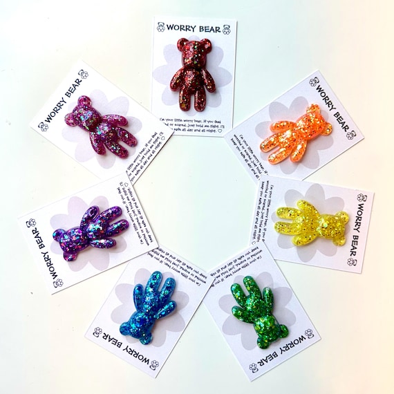 Pocket Worry Bear Stone Kids Anxiety Toy Stress Relief Glitter Resin School Gift Stocking Stuffer