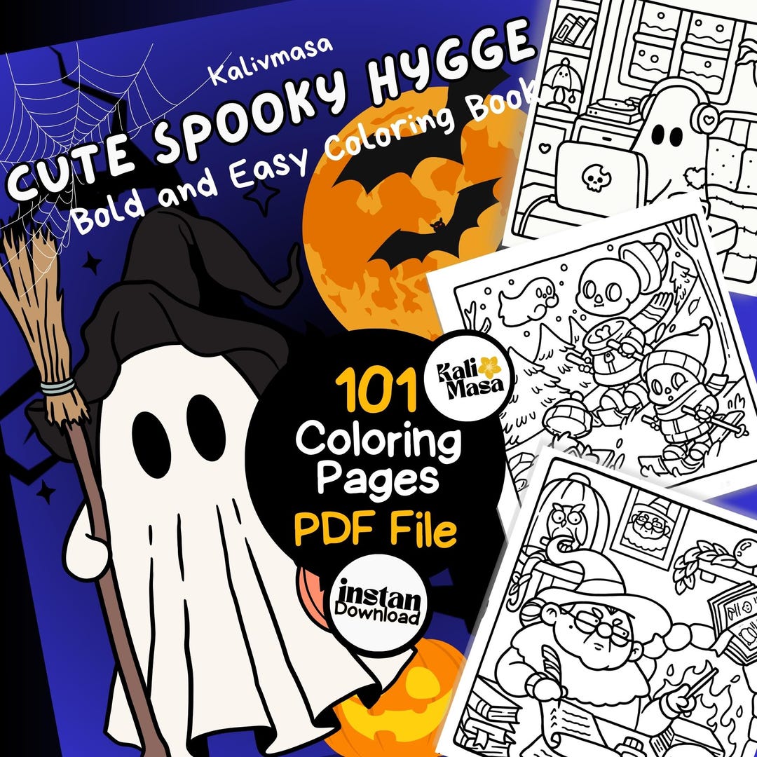 101 Cute Spooky Hygge Coloring Pages | Relaxing Coloring Book for Kids & Adults | Digital ...