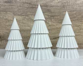 Festive home decor, nesting trees, modern 3d printed trees, cute table top tree decor, cone shaped tree decoration, miniature white trees