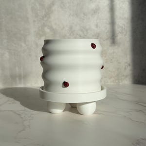 Puede incluir: Una maceta blanca con textura ondulada, acompañada de un platillo a juego y tres pies esféricos. La maceta está adornada con varios pequeños acentos de mariquitas rojas. Esta maceta decorativa es adecuada para plantas pequeñas.